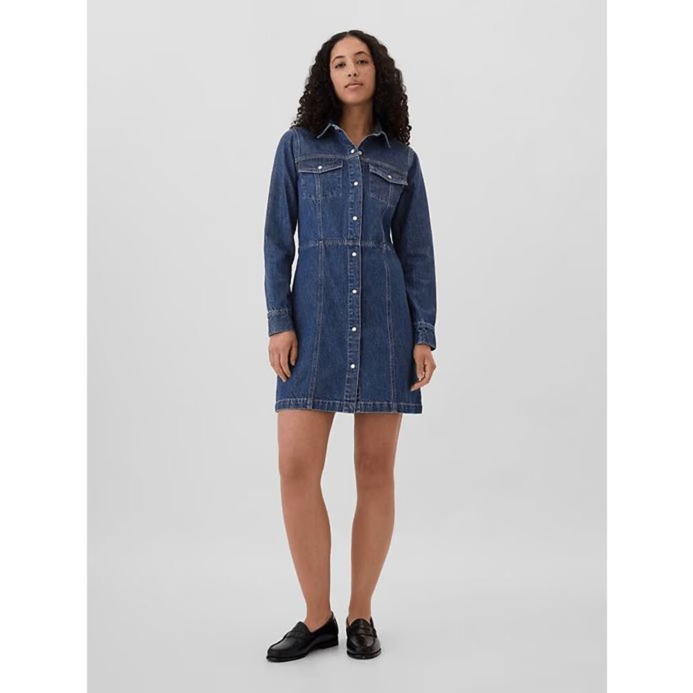 Gap Dark Wash Blue Denim Western Mini Button Down Jean Dress Women's Size XL